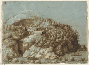 Heuvelachtig Landschap met Schepen door Gherardo Cibo