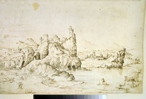 Een kasteel op een rots in berglandschap door Gherardo Cibo