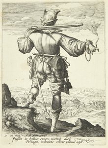 Een musketier van achteren gezien