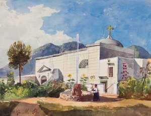Kerk en fontein, mogelijk de tuin van een koninklijke residentie, met toevoegingen door Prins Gaetano Maria Federico di Borbone (1846-1871)