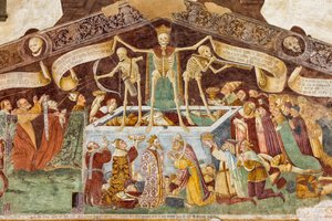 Dood staande op een sarcofaag waar de dode paus en de keizer liggen (detail) door Giacomo Borlone de Buschis