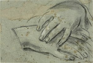 Gekruiste handen (recto); rechtervoet, gedeeltelijk bedekt door draperie (verso) door Giacomo Cavedone