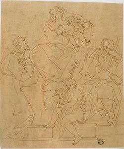 Heilige Familie met Sint Franciscus van Assisi en het Kind Johannes de Doper door Giacomo Cavedone