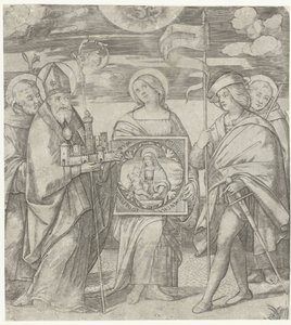 Vijf beschermheiligen van Bologna met afbeelding van Maria door Giacomo Francia