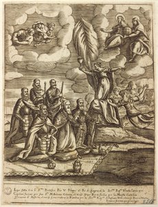 Allegorie van de Heilige Liga van 1571 gesloten door paus Pius V, Filips van Spanje en Doge van Venetië Alvise Mocenigo, gravure door Giacomo Franco (1556-1620) door Giacomo Franco