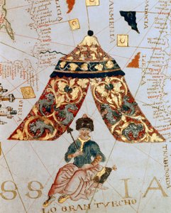 Detail van een kaart door de cartograaf Giacomo de Maggiolo die Sultan Soliman I afbeeldt, genaamd de Grote Turk. Miniatuur. Maritiem Museum, Genua