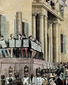 Risorgimento: leden van de Giovine Italia-beweging voor het Paleis van Justitie in Milaan, luisterend naar het vonnis dat hen veroordeelt tot ballingschap in 1848 door Giacomo Mantegazza