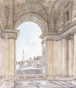 Een uitzicht op het Piazza San Pietro, Rome, kijkend naar het zuiden vanaf de portiek van de basiliek, voor 1779 door Giacomo Quarenghi
