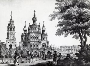 Kerk van de Hemelvaart en Gagarin-paleis in Moskou, tekening door Giacomo Quarenghi Domenico, Rusland