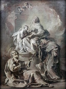 Duits: Anna unterweist Maria im Lesen der Heiligen Schrift St. Anna, vergezeld door St. Petrus en St. Antonius van Padua, onderwijst de jonge Maria in het lezen van de Heilige Bijbel; Kat.Nr. 88.1