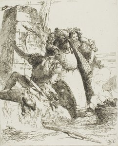 Een tovenaar, een soldaat en drie figuren die een brandende schedel bekijken, uit Scherzi door Giambattista Tiepolo