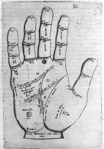 Chiromantie en waarzeggerij: voorstelling van de verschillende lijnen van de hand (gravure uit 