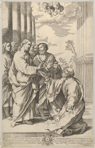 Christus geeft de sleutels van de kerk aan Sint-Pieter die voor hem knielt, naar Guido