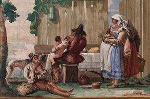 Boerenfamilie aan tafel, uit de kamer van rustieke scènes, in de Foresteria (Gastenverblijf) 1757 (fresco) door Giandomenico  Tiepolo
