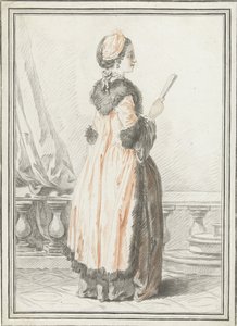 Staande vrouw met waaier in hand door Gilles Demarteau