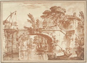 Zuidelijk landschap met brug en huizen bij rivier door Gilles Demarteau