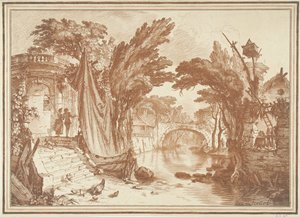 Zuidelijk landschap met huizen aan rivier door Gilles Demarteau