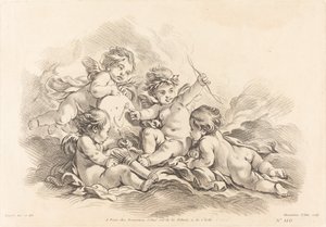 Vier cherubijnen bij schietoefeningen door Gilles Demarteau, the Elder after François Boucher
