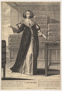 Rekenen: een jonge vrouw staat aan een tafel en houdt een blad met ingeschreven cijfers vast, 1633-35