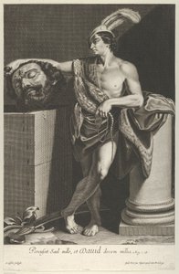 David staand met gekruiste benen en het hoofd van Goliath houdend op een voetstuk links, ca. 1635-45