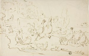 Kippen en hanen in de tuin door Gillis Claesz. de Hondecoeter
