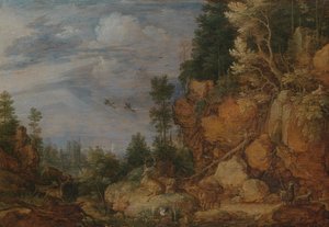 Rotsachtig landschap met herten en geiten