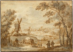 Landschap met windmolens voor een stad, met wandelaars en huifkar op de voorgrond door Gillis Neyts
