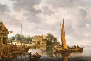 Een rivierlandschap met een veerboot door Gillis Peeters