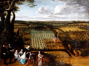Portret van een patriciërsfamilie met uitzicht op hun landhuis