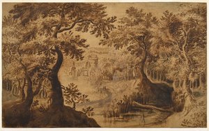 Boslandschap met uitzicht door Gillis van III (circle of) Coninxloo