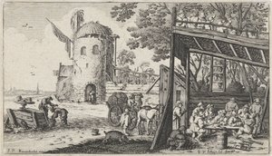 Boeren rond een tafel in een schuur (de Smaak) Landschappen met de vijf zintuigen