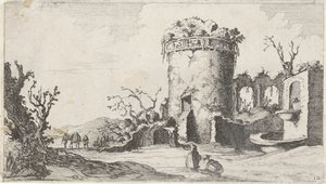 Fontein bij ruïne met een ronde toren Twaalf landschappen (serie) door Gillis van Scheyndel (I)