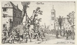 Gevecht bij een herberg (de Tastzin) Landschappen met de vijf zintuigen (serie) door Gillis van Scheyndel (I)