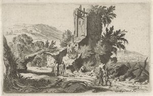Wandelaars bij een ruïne door Gillis van Scheyndel (I)