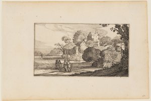 Pad naar links van ommuurd gebouwencomplex temidden van bomen, uit Twaalf landschappen met figuren