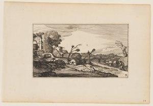 Pad rechts van het water; Romeinse ruïnes links achter, uit Twaalf landschappen met figuren