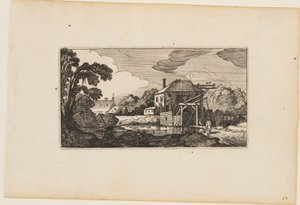 Vijver voor houten brug en een huis, uit Twaalf landschappen met figuren door Gillis van Scheyndel