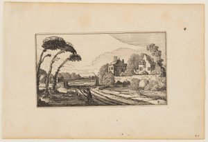 Weg links van een ommuurd landhuis, uit Twaalf landschappen met figuren