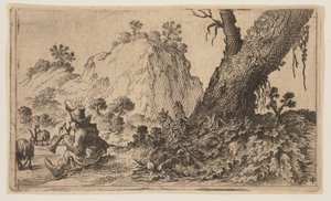 Herder die een blokfluit speelt voor een kudde geiten, uit Twaalf Landschappen door Gillis van Scheyndel