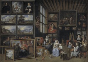 Een schilderijengalerij met een kunstenaar die een vrouw en een meisje schildert. Allegorie van de schilderkunst