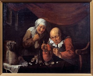 Het hebzuchtige paar van oude mannen die hun bezittingen wegen. Schilderij door Gillis Van Tilborgh door Gillis van Tilborgh