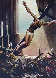 Anti-Amerikaanse WOII-poster - Zwarte Amerikaan plundert kerk - Poster door Gino Boccasile (1901-1952) - Italiaanse propaganda anti-USA 1943 door Gino Boccasile