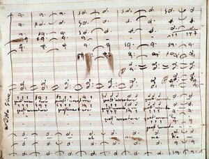Muzikale partituur voor de Questavventura-aria, in De barbier van Sevilla