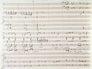 Pagina van muziekpartituur van Le Comte Ory met handgeschreven correcties door Gioachino Rossini