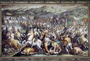 Slag bij Scannagallo in Valdichiana (Val di Chiana). Fresco door Giorgio Vasari en zijn studio. Palazzo Vecchio (Salone dei Cinquecento) door Giorgio (and workshop) Vasari
