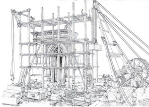 Het oude Rome: reconstructie van een bouwplaats van een boog in de 1e eeuw na Christus. De arbeiders hijsen de marmeren blokken op met steigers en katrollen. Illustratie door Giorgio Albertini. (Het gebruik van de werken van deze auteur is niet onderworpen door Giorgio Albertini