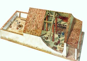 Byzantijnse architectuur: reconstructie van een Klassewinkel, magazijn van het Classe-dokkengebied, haven van de stad Ravenna (Ravenna) ten tijde van keizer Justinianus. Italië 7e eeuw. In de doorsnede van het gebouw kun je de opgeslagen goederen zien. door Giorgio Albertini