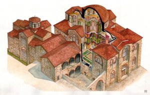 Byzantijnse kunst: aanzicht en architecturale doorsnede van het klooster van Hosios Loukas (Osios Lukas of Luckas), gebouwd in de 11e eeuw. Griekenland door Giorgio Albertini