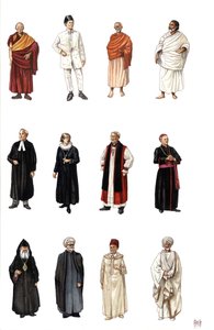 Kostuums en jurken van leden van de geestelijkheid van verschillende religies, boeddhistische monnik, orthodoxe, kardinaal, protestantse dominee.