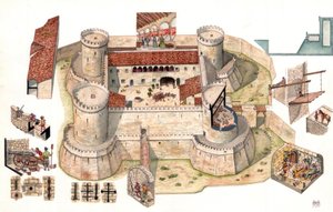 Detail luchtfoto van het Aragonese kasteel van Venosa gebouwd door Pirro del Balzo in 1470, vlakbij Potenza in Basilicata, Italië Door de kopjes kun je gevangenen zien in de cellen in de torens die als gevangenis dienden. Detailaanzichten tonen soldaten in door Giorgio Albertini
